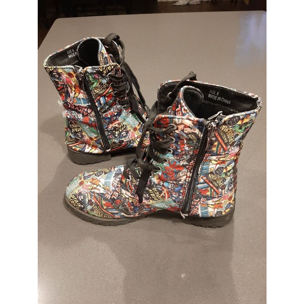 Marvel Comics Print Combat Boots Womens Size 8 Superhero Lace Up Ankle Boots - Picture 6 of 10